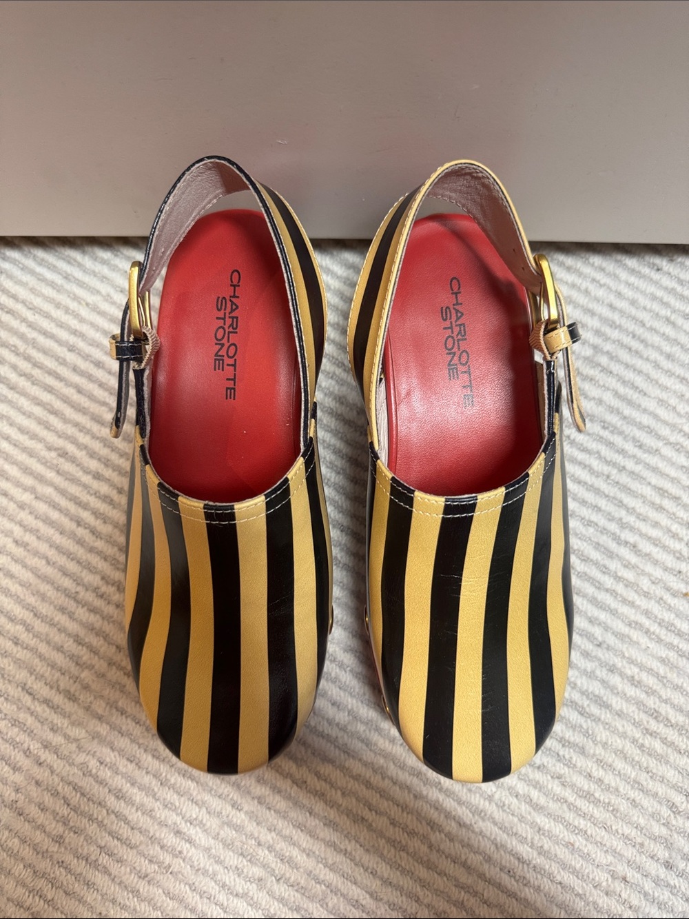Charlotte Stone Cream & Black Striped Slingback Clogs Red Leather Gold Studs - Picture 3 of 8